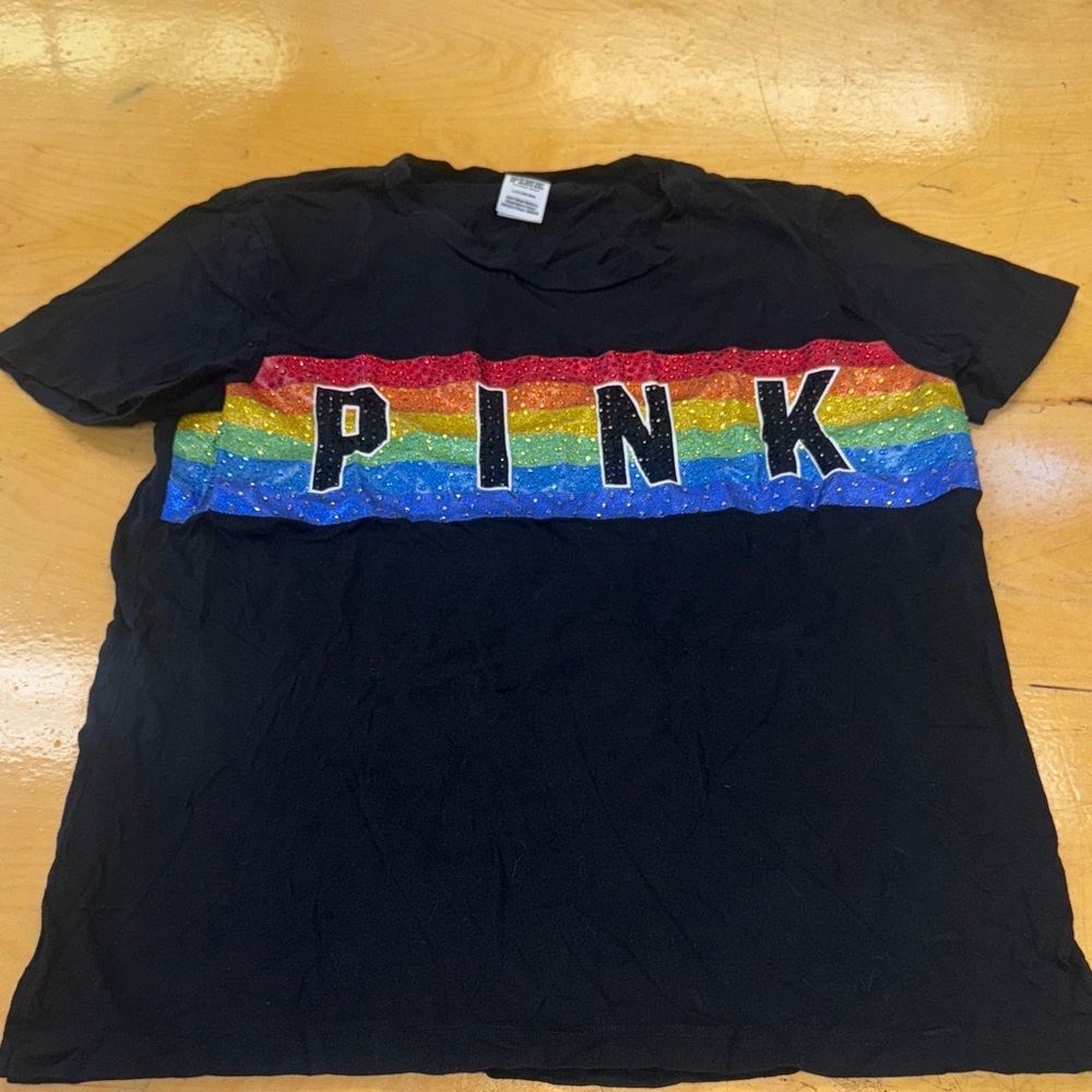 PINK Victoria's Secret Kids Glitter Rainbow Tee - Black